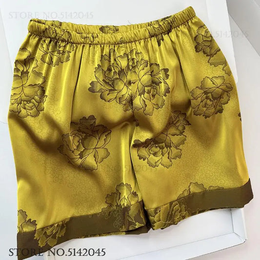 Chinese Style Print Flower 3PCS Pajamas Set Loungewear Summer New Women Sleepwear Short Sleeve Trouser Suit Silk Satin Homewear.