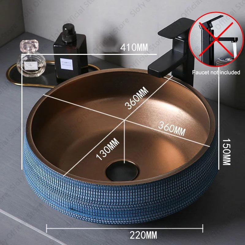 Understated Luxus-Waschbecken aus Metallglasur, Keramik, blaue Muster, Hotel- und Heimwaschbecken, kreative Kunst, Balkon-Waschbecken im Freien