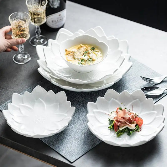 Chinese Lotus-like Ceramic Western Food Dish Household White Fruit Salad Bowl Dessert Plate Creative Restaurant Specialtableware.