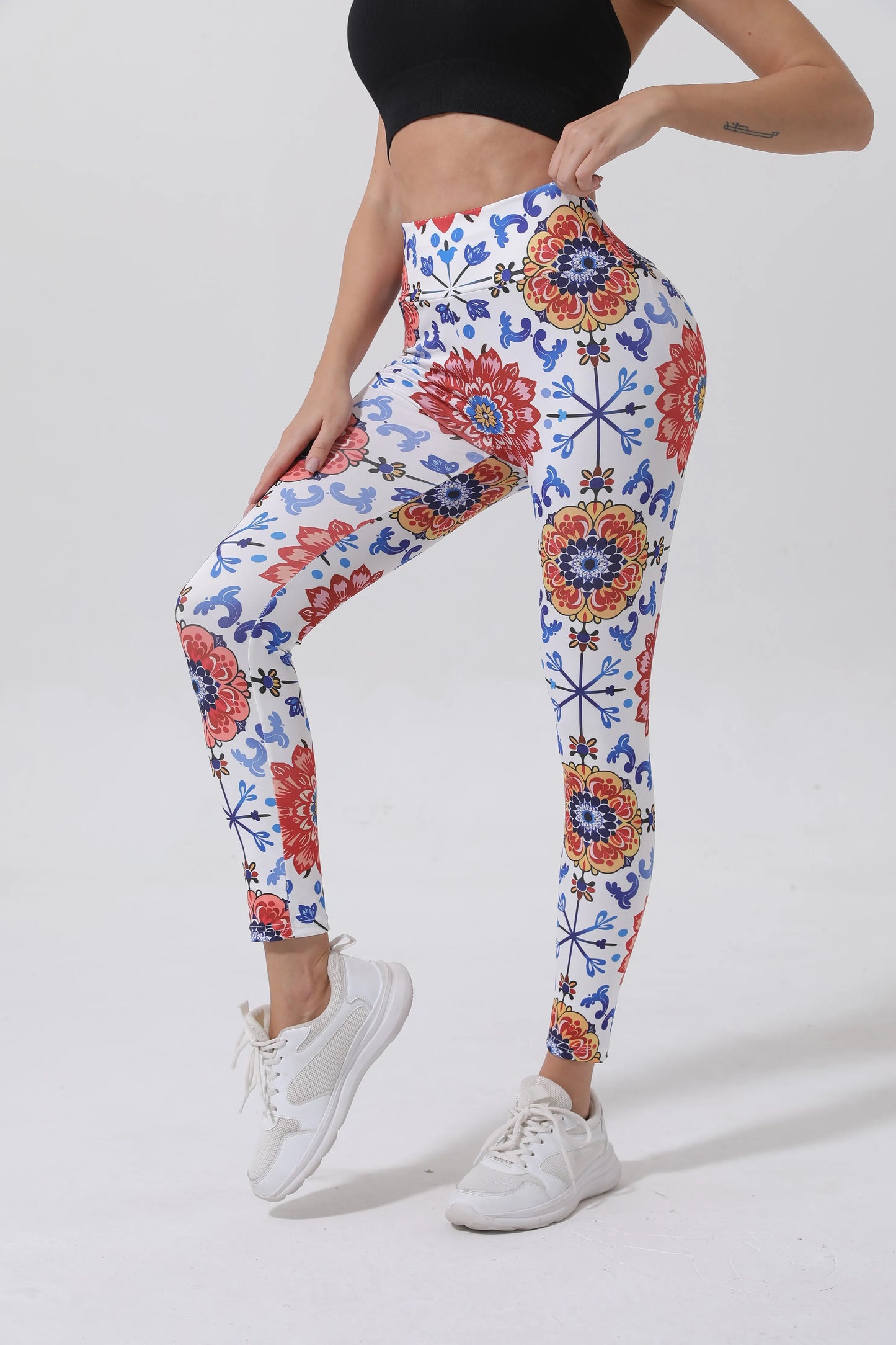 Lotus patterned high waisted leggings, suitable for yoga, running, and dancing as hip lifting sportswear - sporty and fashionabl.