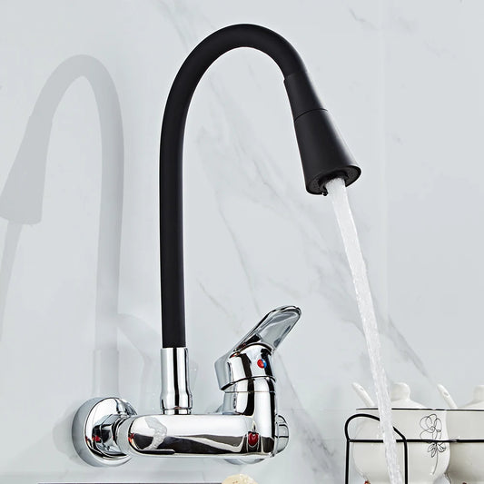 BAKALA Multicolor Wall Mounted Kitchen Faucet 360 Degree Swivel Flexible Hose Double Hole Sink Mixer Tap Wall Kitchen Mixers