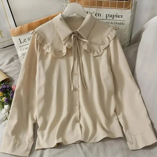 Spring Vintage Women Chiffon Shirts Korean Fashion Lace Up Loose Blouses Y2K Elegant Office Ladies Long Sleeve Outwear Tops New.