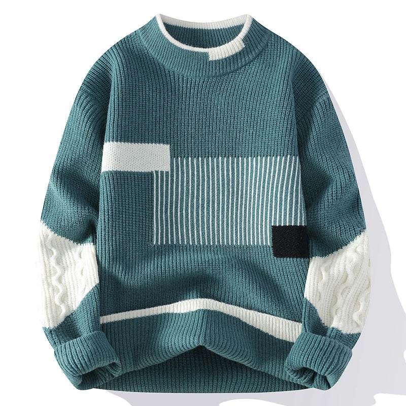 Men's Mock Neck Knitted Sweater Fashion Patchwork Knitting Pullovers Men Autumn Winter Daily Casual Warm Pullover Sweaters Man.