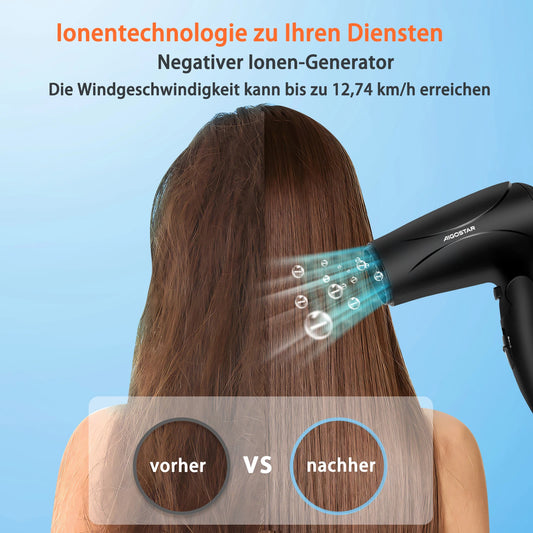 Aigostar Ionic Hair Dryer, Travel Hair Dryer with Foldable Handle, 2 Speeds and 3 Temperature Settings, 2400 W