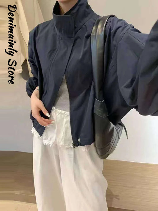 Straße Solide Zipper Dünne Jacke Frauen Stehen Kragen Volle Hülse Kordelzug Straße Jacken 2025, Herbst Dame Casual Outwears Neue.