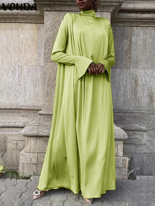 VONDA Frauen Böhmischen Lange Maxi Kleid 2024, Elegante Langarm Hohe Kragen Roben Casual Einfarbig Vestidos Vintage Sommerkleid.