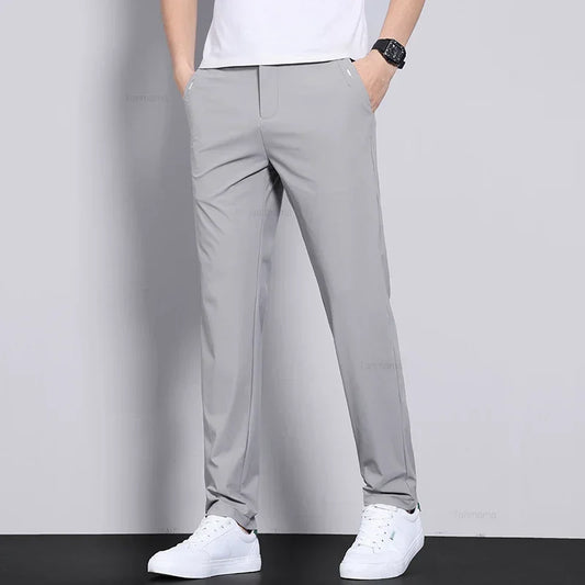 Ultra-thin Elastic Men's Casual Trousers Summer Quick-drying Ice Silk Slim Straight Business Solid Color Trousers Black Gray.