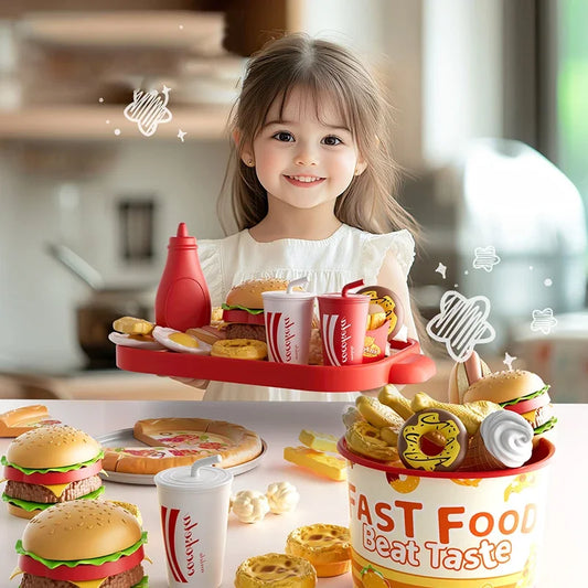 Kid Kitchen Toy Set Simulation Make Hamburger Pizza Fries Pretend Play Food Cooking Cutting Game Montessori Interactive Toy Gift.