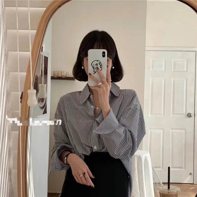 1pcs Woman Four Season Stripe Shirts Lady Casual Long Sleeve Turn-down Collar Loose Shirt Female Business Attire Korean Tops.