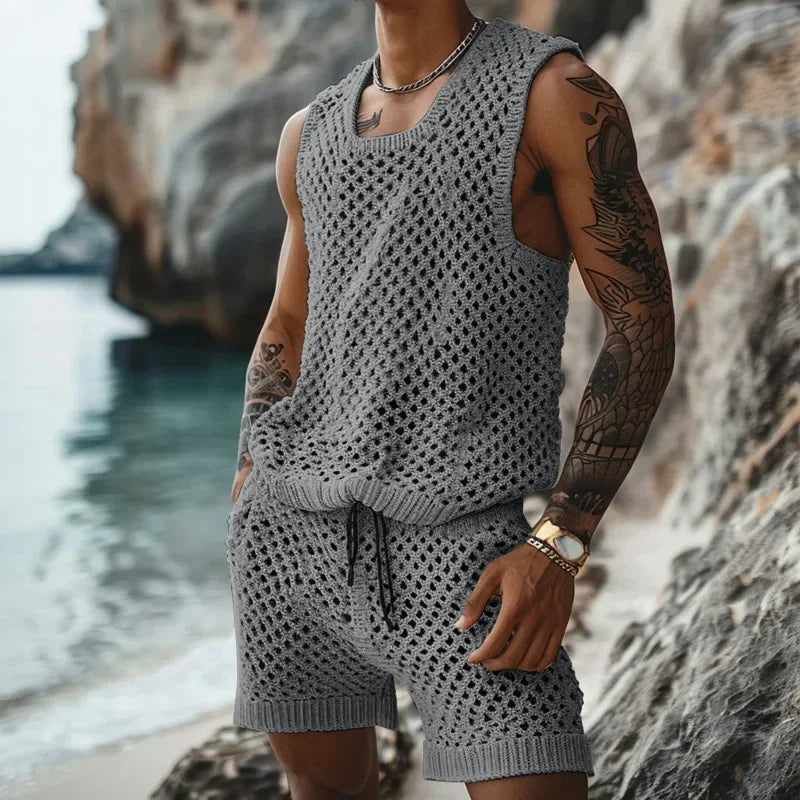 2025 Men's Summer Casual Knit Two-piece Sets Fashion Solid Loose Tank Tops and Shorts Beach Sport Suit Men Hollow Out Streetwear.