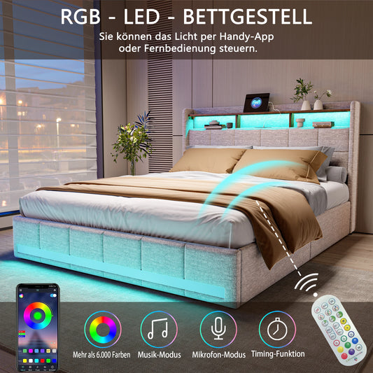 Lazyspace Leinen-Polsterbett, Bettrahmen mit Stauraum, 4 Schubladen, LED-Lichtleiste und USB-Aufladung vom Typ C