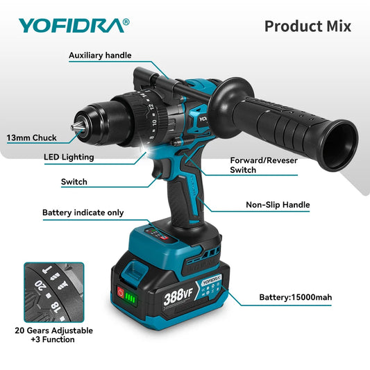 YOFIDRA 900N.M 13MM Bürstenlosen Elektrischen Schlagbohrmaschine 20 + 3 Drehmoment Handheld Bohren Schraubendreher Power Tool Für Makita Batterie pin