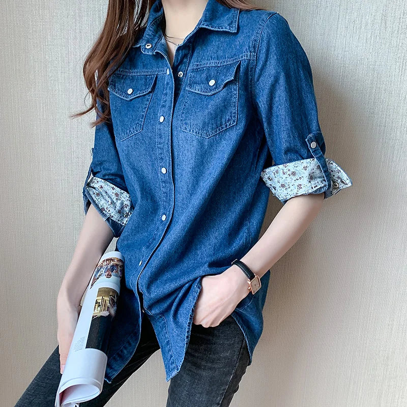 Women's Loose Denim Shirt with Long Sleeves New Spring and Autumn Thin Top Mid To Long Length Jacket and Outer Shirt 11968.