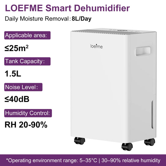 LOEFME Dehumidifier 8L/Day, Electric Dehumidifier, 1m & 3m Drain Hoses, Touchscreen with LED Display, 24h Timer, 1.5L Water Tank.