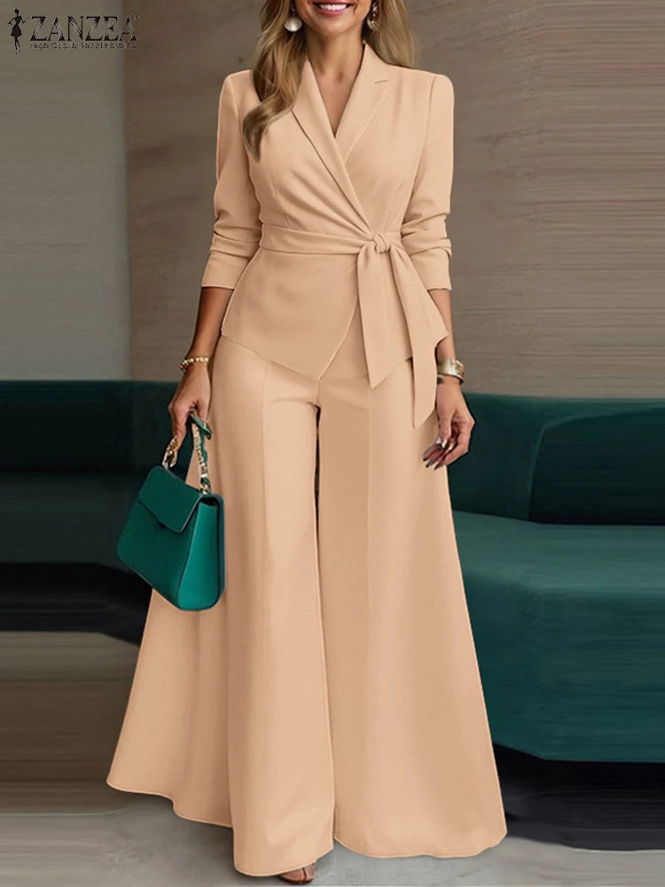 ZANZEA Elegant 2 Pieces Pant Sets Long Sleeve Belted Lightweight Blazer & Wide Leg Pant 2pcs Suits Office Lady Commuting Sets