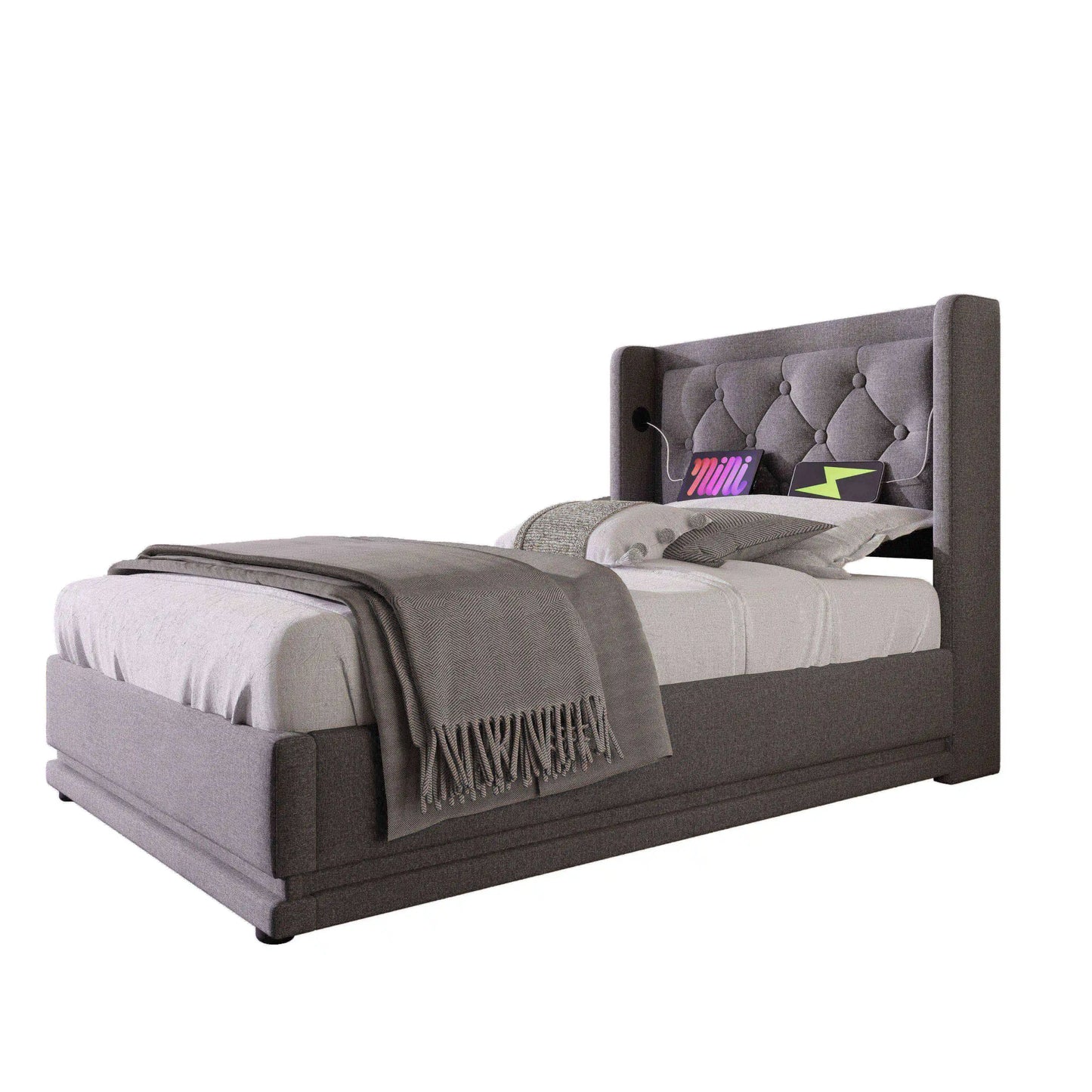 Gepolstertes Einzelbett 90x200 cm, graue Baumwolle, USB-C-Aufladung, 3-seitige LED (keine Matratze)