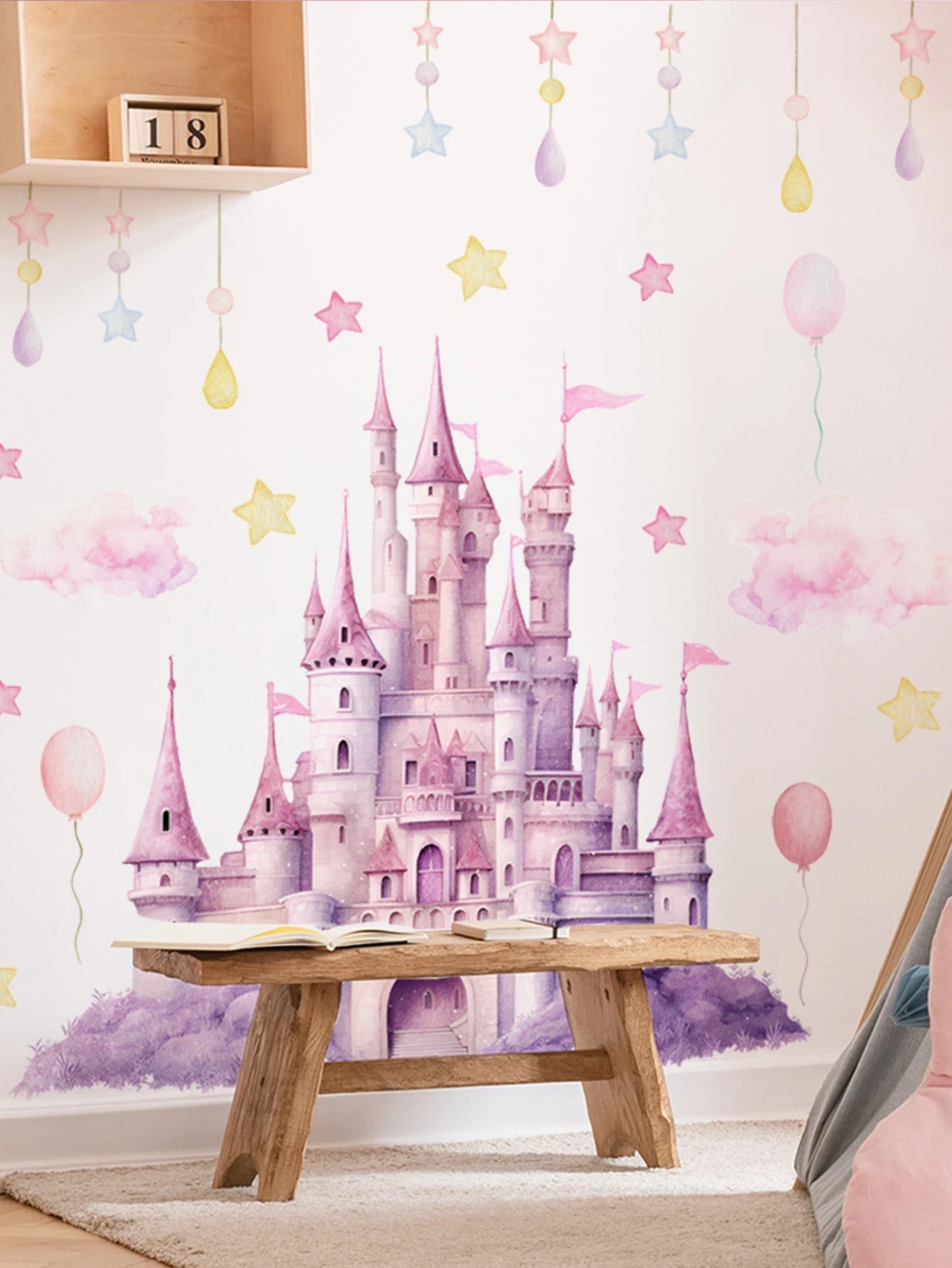 2sheet/set Pink Castle Wall Decals, Clouds Stars Wall Stickers, Balloon Wall Decor for Kids Girls Bedroom Nursery Home.