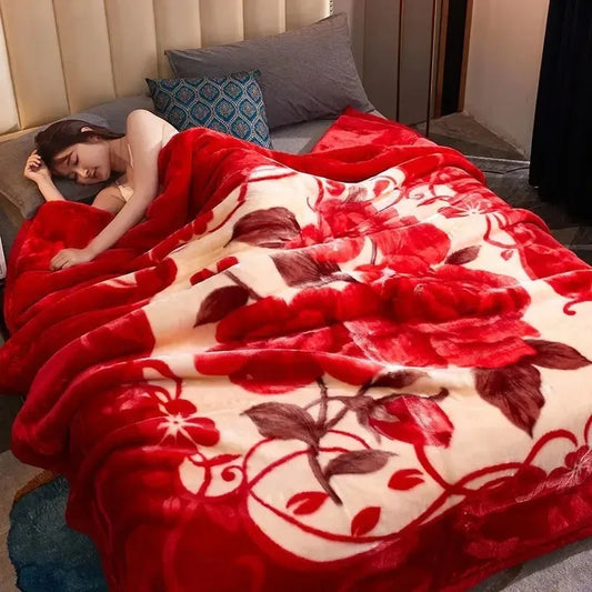 Classic Lily Print Blanket Double Thickened Autumn Winter Raschel Blankets Dormitory Bedrooms Comfortable Cold Resistant Bedding.