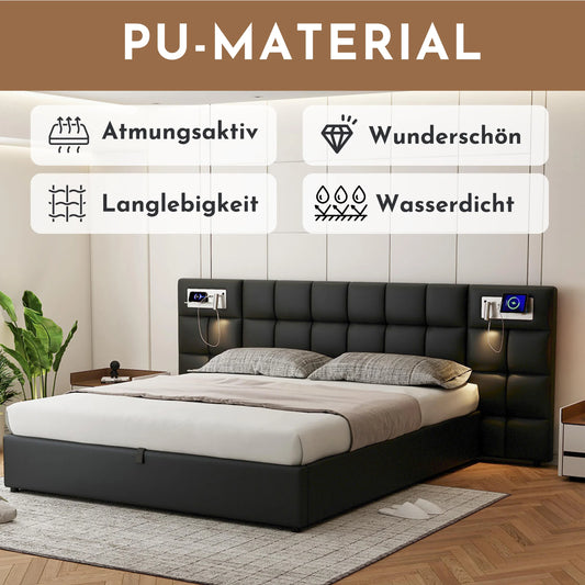 Polsterbett 180 x 200 cm, hydraulisches Bett, mit USB-Anschluss, kabelloses Laden und beleuchteter Lampe, mit Stauraum