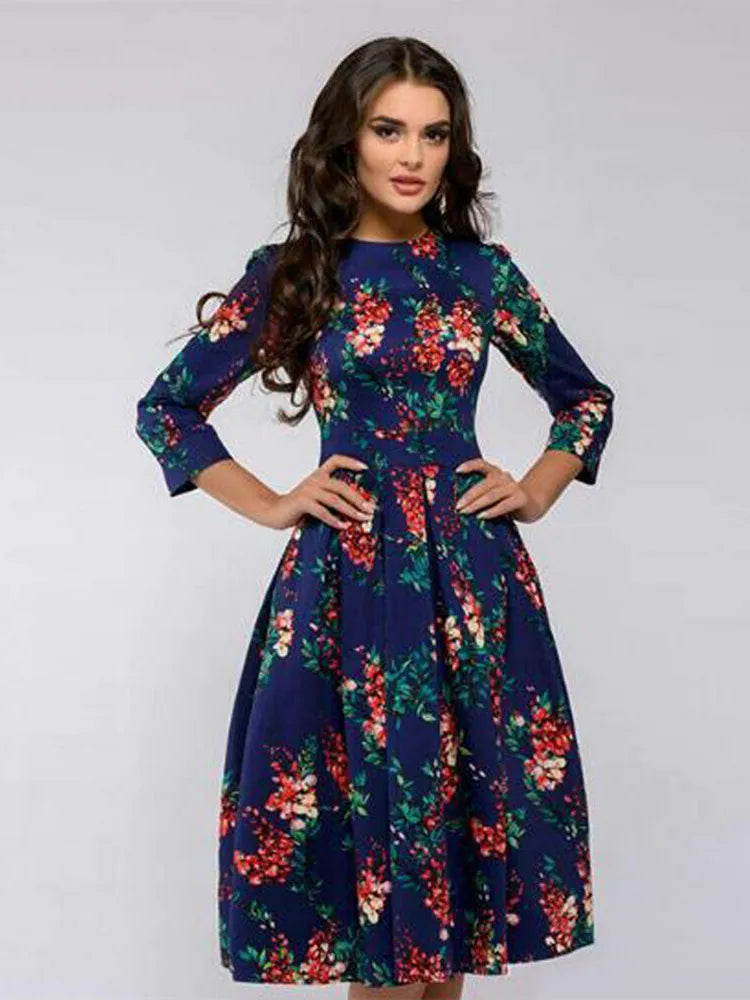 Vintage plissierten tunika druck kleid frauen Elegante damen A linie kleider langarm weibliche herbst mixi party kleid vestidos.