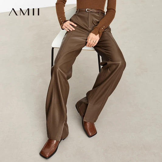 AMII Minimalist Casual Pants for Women 2025 Autumn Clothing PU Leather Loose Straight Pants Slit Office Lady Trousers 12343250.