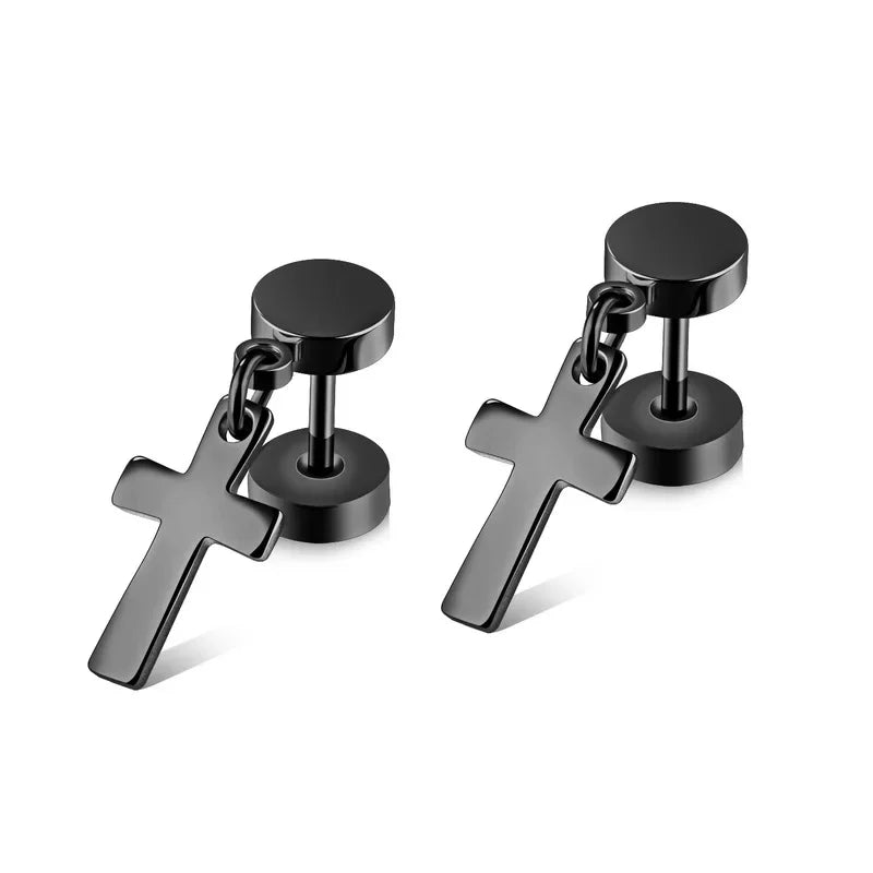 New 2PCS Men's Knights Simple Cross Stud Earrings Templar Knight Ear Studs Stainless Steel Crucifix Male Jewelry Gifts.