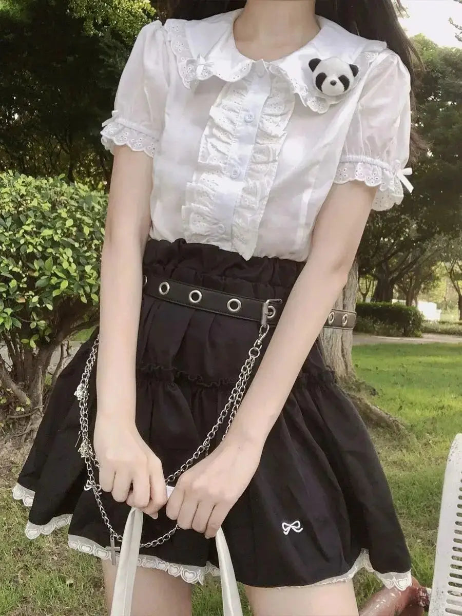 Deeptown Kawaii Lolita Blouses White Women Cute Lace Tops Ruffle Shirts Vintage Puff Sleeve Japanese Preppy Style Sweet Tops.