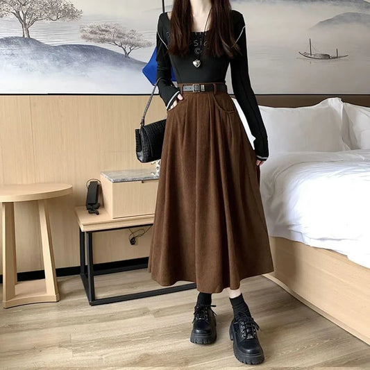 Xpqbb Autumn Winter Women Long Skirt Vintage Corduroy High Waist A-Line Skirts Female Fashion Streetwear with Pocket Midi Skirt.