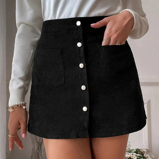 Vintage Brown Corduroy Skirts for Women Single Breasted Slim Fit Mini Skirt Woman Autumn Winter Korean Pocket Short Skirt Ladies.