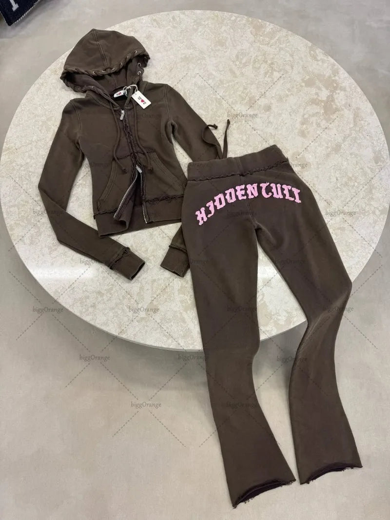 2025 Hip-hop Street Fashion Sports Suit New Letter Embroidery Brown Zipper Hoodie Casual American Loose Straight Pants Women.