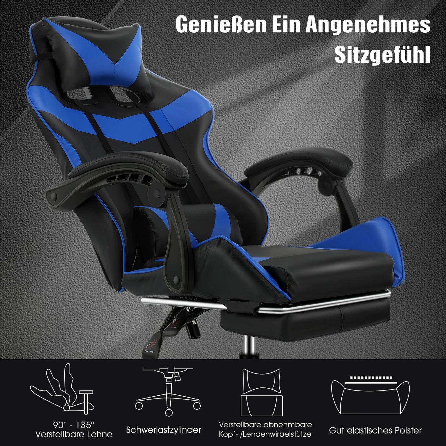 Bürostuhl Ergonomisch Gaming Stuhl Massage Gaming Sessel mit Kopfstütze Massage-Lendenkissen, Gepolstert Gaming Chair, Drehsessel,150kg Kapazität,Schwarz Blau
