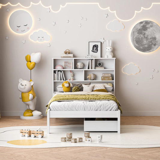 Rosahqnda Massivholz-Bettgestell 90 x 200 cm, Kinderbett mit Schubladen und Kopfteil für Bücher, Einzelzimmer, Weiß