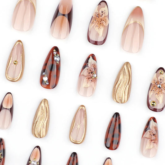 24Pcs Gold Ripple Brown Flowers False Nails with Rhinestones Pearl Design Wearable Almond False Nails Full Cover Press on Nails.