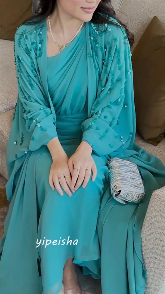 Maßgeschneiderte Jiayigong Chiffon-Perlenfalte für den Abschluss, A-Linie, V-Ausschnitt, maßgeschneiderte Anlasskleider, bodenlang.