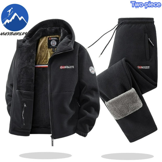 Maxbarley Winter Sportswear Set Mens Retro Training Thick Fleece Jacket + Pants Two Piece Set Casual Ski Running Tracksuit Suit.