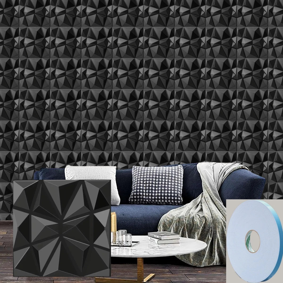 12/20/30pcs 3D pvc wall panels for indoor wall decoration, for living room hall bedroom hotel office,including tape