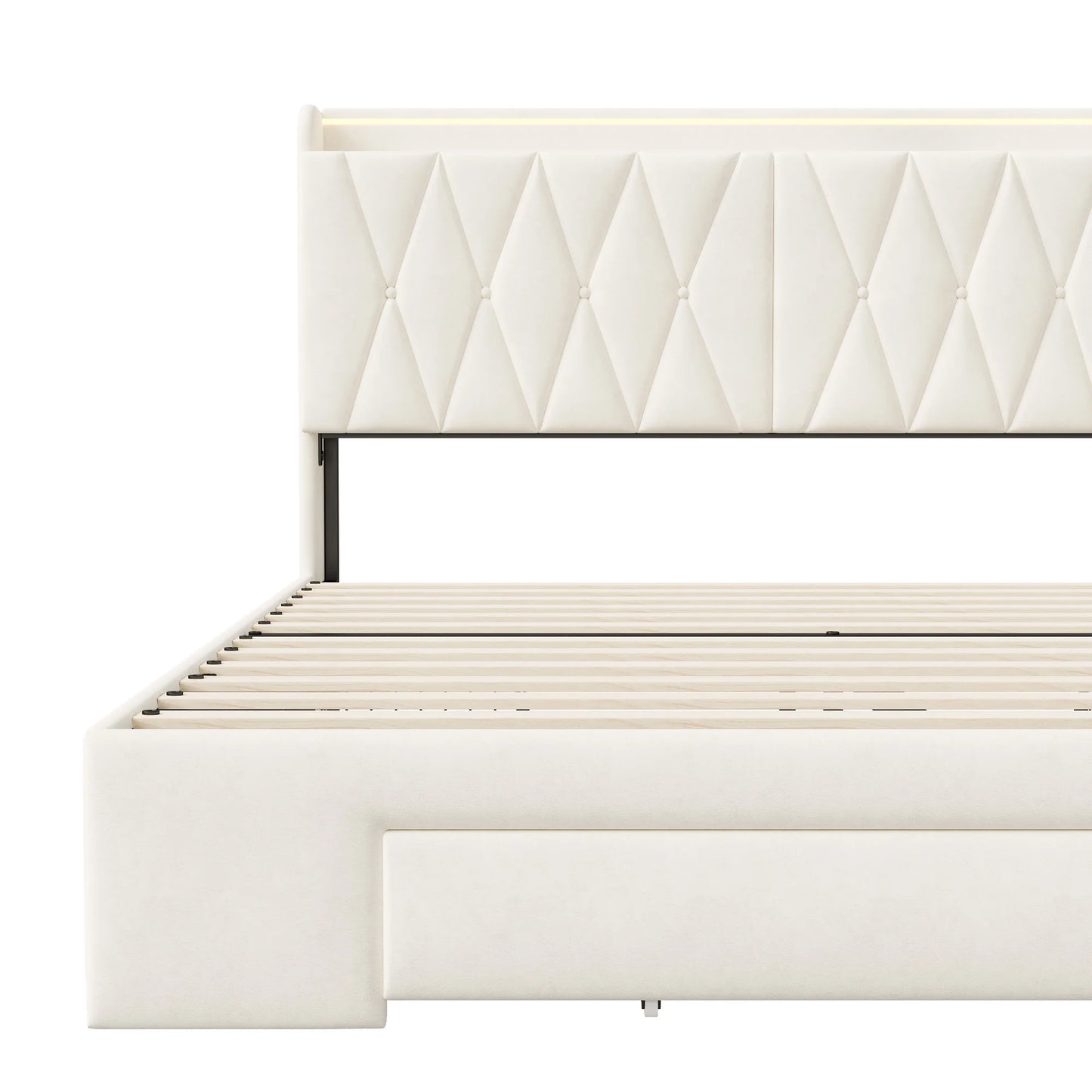 Lazyspace 140 x 200 cm großes Doppelbett mit Kopfteil, gepolstertes Bett mit 3 Schubladen, LED-Beleuchtung, USB Typ C, Samt, Beige, keine Matratze