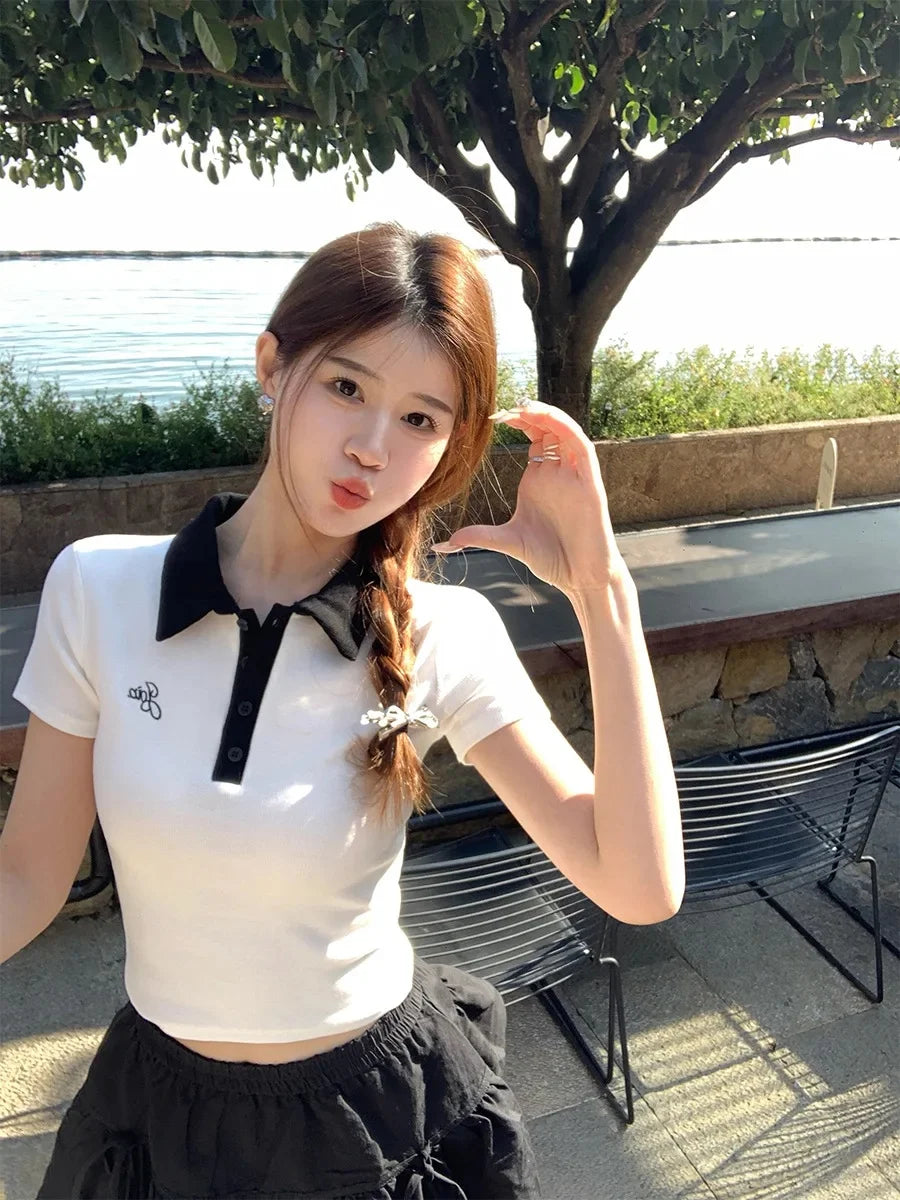 Women's Slim Fit Short Sleeve Polo Shirt Summer New Color Collision Design Red T-Shirt Top Fashionable Casual Business Wear