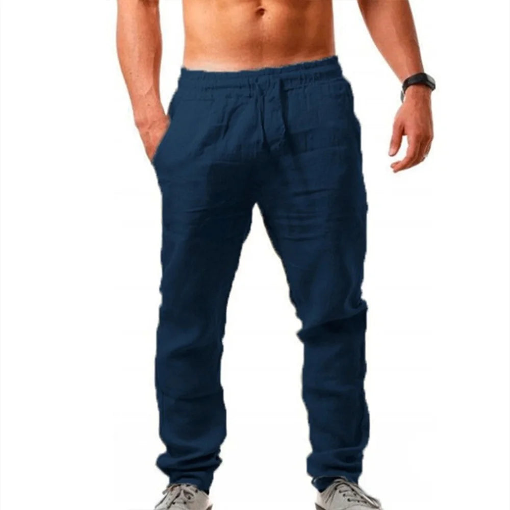 Men's Cotton Linen Pants Summer Solid Color Breathable Linen Trousers Male Casual Elastic Waist Fitness Pants Hip-Hop Streetwear.