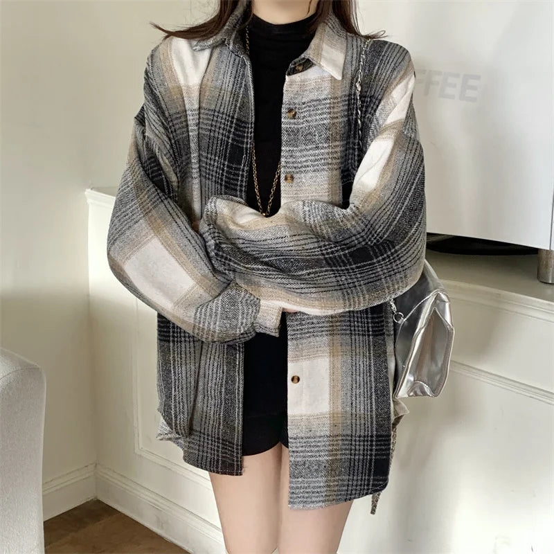 Zjaiss Women Thick Woolen Plaid Blouse Loose Long Sleeved Tops 2025 Autumn Winter New Casual Shirt Long Shirts