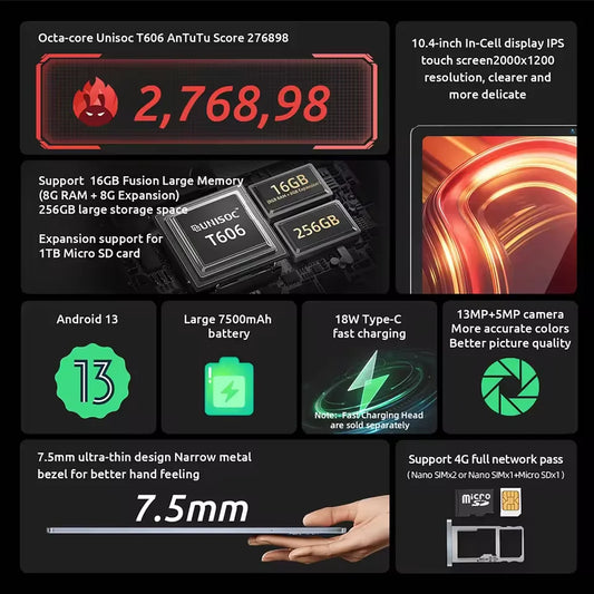 BMAX MaxPad I11 Plus 16GB(8GB RAM+8GB Expansion) 256GB ROM 10.4 Inch Octa Core T606 Soc Dual Wifi 4G Lte Android 13 tablet SIM.