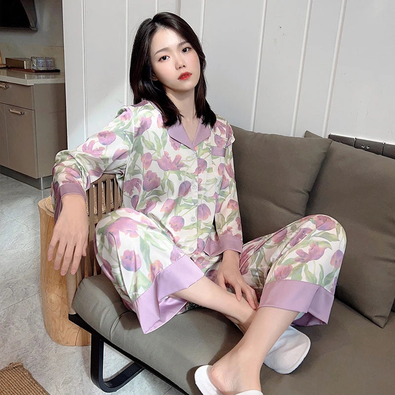 2023 frühling Herbst Neue Eis Seide 2 Stück Pyjamas für Frauen Mode Strickjacke frauen Pyjamas Süße Druck Loungewear Frauen set.