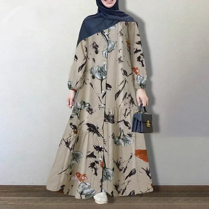 Muslim Women Abayat Cotton Linen Long Sleeve Abaya Femme Fashion Loose Casual Floral Dress Europe America Middle East Arab.
