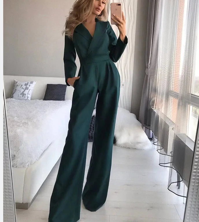 Women Jumpsuits Long Sleeve V Neck Rompers Overalls One Piece Wide Leg Pants Slight Strech Office Lady Solid New Chinese.