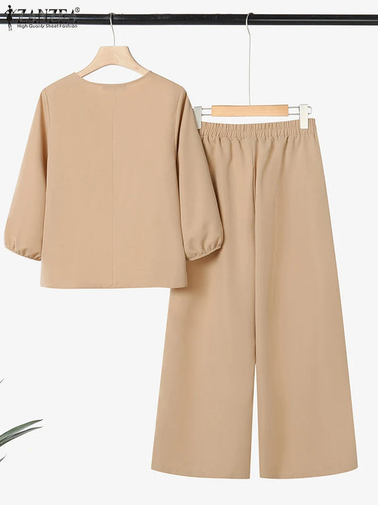 ZANZEA Autumn 2 Piece Sets Women Pant Sets Casual V Neck Long Sleeve Tops Pant Suit Elegant Solid Work Tracksuit Oversize 2025.