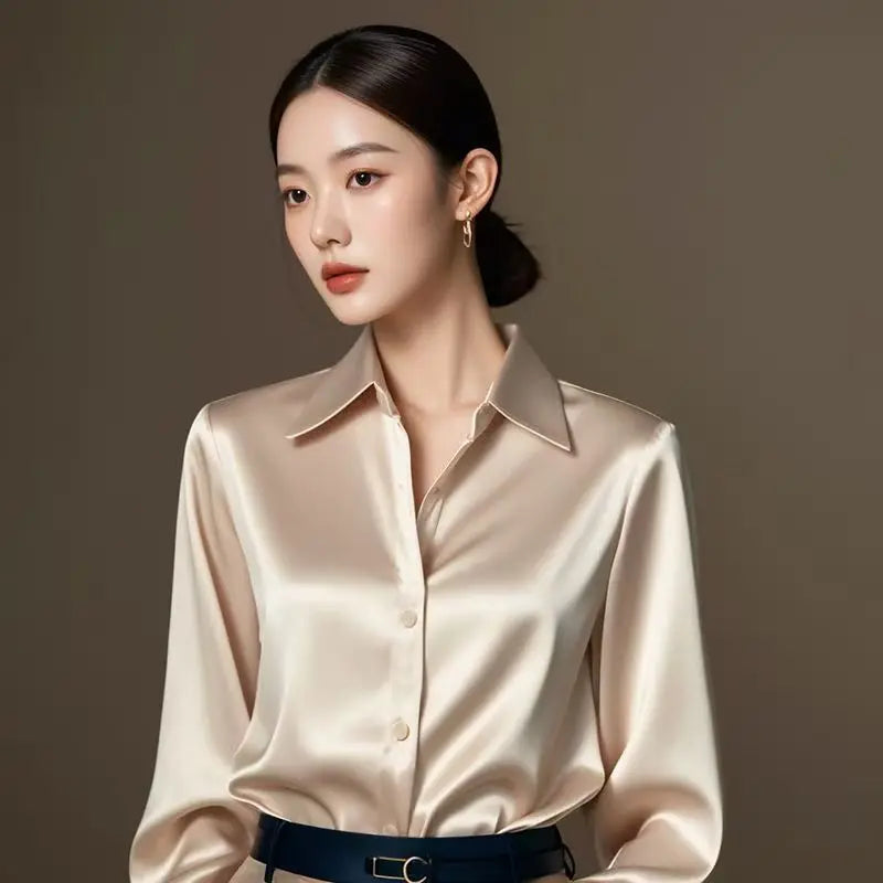 High Quality Silkly Satin Women's Shirt Office Ladies Long Sleeve Blouses Polo Neck Gold shirt Button Luxury Casual women tops