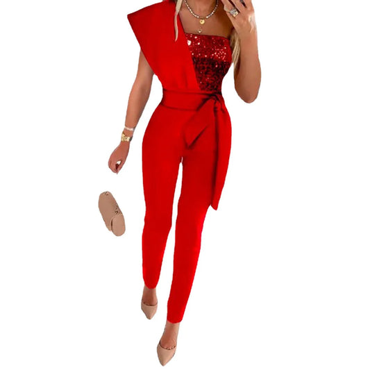 Women Jumpsuits Sleeveless Rompers Overalls Solid One Piece Pencil Pants Slim Belt Slight Strech Spliced Sequins Office Lady.