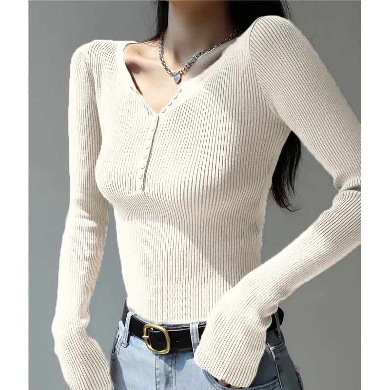2026 weibliche Casual Tops Pullover Warme V-ausschnitt Frauen Herbst Winter Gestrickte Dünne Pullover Feste Taste Volle Hülse Pullover