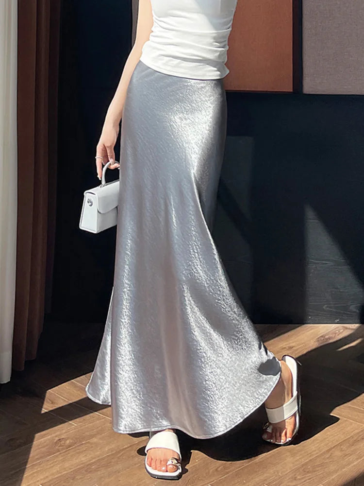 Zoki Chic Satin Elegant Long Skirt Women Casual Fashion High Waist Sweet Trumpet Skirts Slim Summer Female Korean Long Skirts