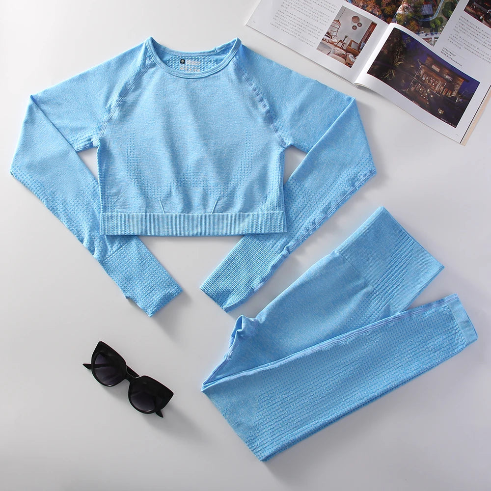 2pcs Sports Yoga Suit Gym Women Running Sports Long Sleeve Leggings Bicycle Clothing Outdoor Sports Leisure Suit